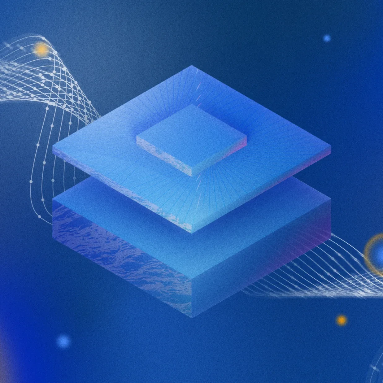 An illustration of a blue box featuring illustrated blue chips