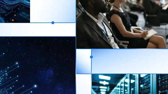 A four-panel collage representing "Resilience in the AI Era" from the Munich Security Conference 2026. The panels feature: a close-up of a glowing blue circuit board; an audience of professionals listening to a presentation; a digital visualization of data points in a night sky; and a brightly lit data center aisle with rows of server racks.