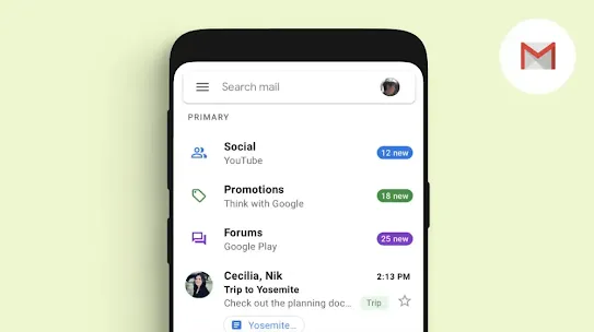 An Android phone showing the Gmail interface of organized messages. The Gmail app logo is shown.