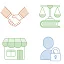 A set of four thin-line icons representing different professional sectors: an orange handshake (collaboration), green scales of justice resting on a book (law), a green storefront (retail), and a blue person icon with a padlock (data security).