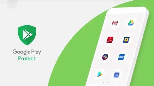 A promotional graphic for Google Play Protect showing a white smartphone with several app icons on its screen, set against a minimalist green and white backdrop.