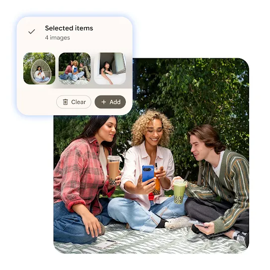 3 people are sitting on a blanket drinking coffee and looking at a phone, and a pop-up layered above shows '4 images' selected for sharing. The pictures are of the people at the picnic.