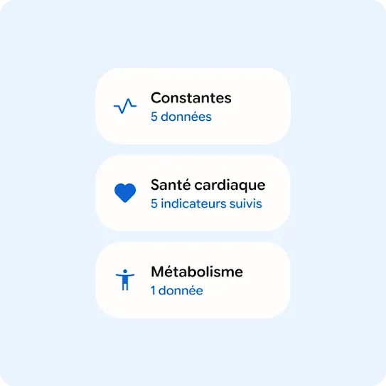 Constantes, 5 entrées. Santé cardiaque, 5 éléments suivis, Métabolisme, 1 entrée