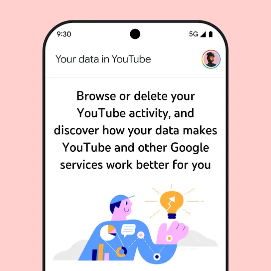 Visual of a smartphone screen with YouTube open, displaying an informational message about 'Your data in YouTube' including details on browsing and deleting activity history.