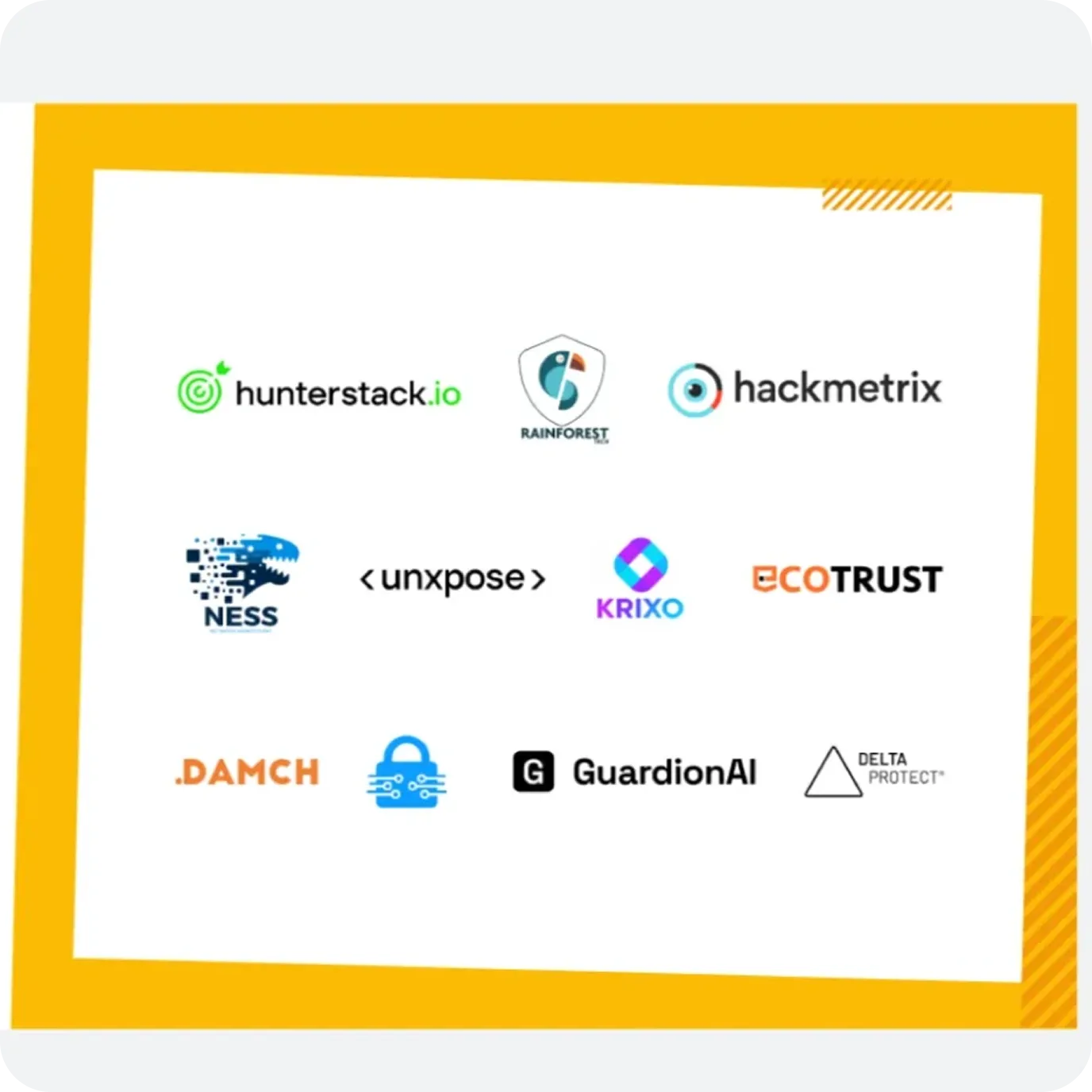 A grid of company logos on a white background with a yellow border. Featured brands include Hunterstack.io, Rainforest, Hackmetrix, Ness, Unxpose, Krixo, Ecotrust, Damch, GuardionAI, and Delta Protect.