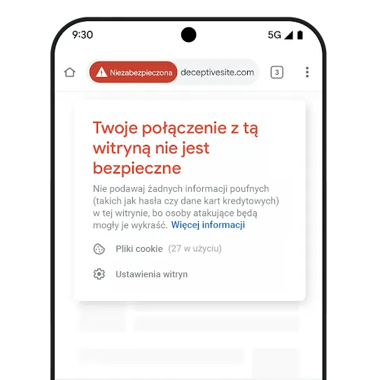 Telefon, na którym widać powiadomienie, że połączenie nie jest bezpieczne.