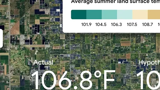 A satellite image of a city map with heat-related measurements overlaid in white