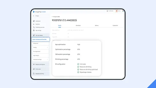 A desktop screen shows new app optimization insights available in the "Latest releases and bundles" tab in the Play Console