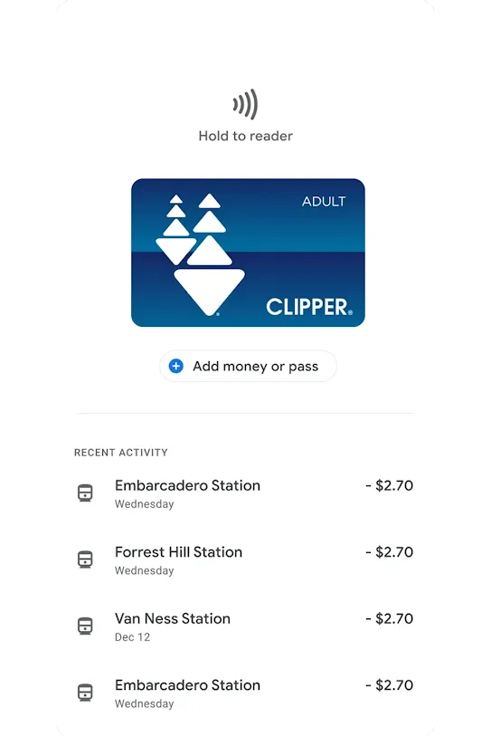 An integrated Clipper card transaction history on Google Pay