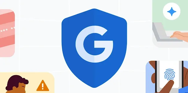 Illustration of a white G in a blue shield surrounded by safety and security-related images
