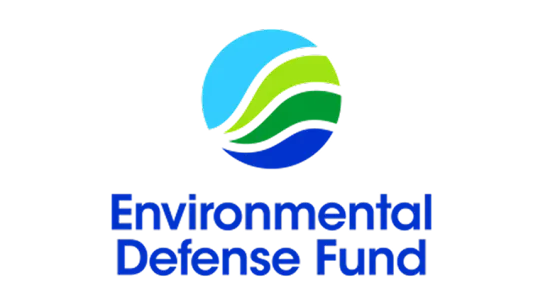 Official Environmental Defense Fund logo showing a circular emblem with light blue, green, and dark blue wavy layers above bold blue text on a white background.