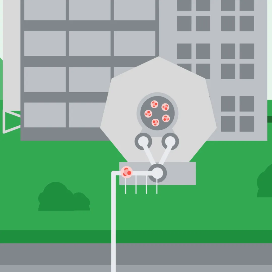 Gray factory with octagonal CO₂ capture mechanism in green landscape.