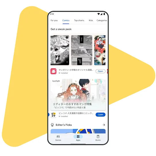 A Pixel device displays the curated comics space featuring recommendations and trending content