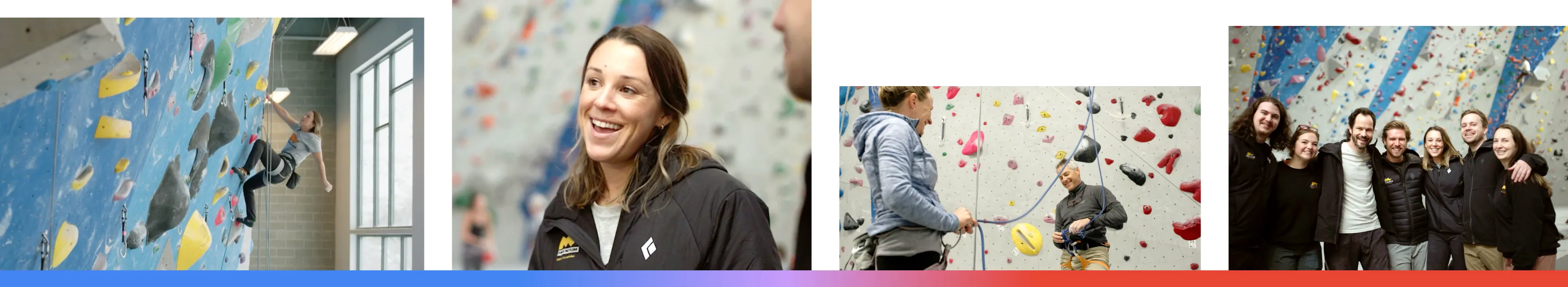 A composite of four images from Momentum Climbing Gym in Utah, featuring a woman indoor rock climbing, a smiling staff member, two people adjusting safety gear, and a group of employees standing together in the gym.