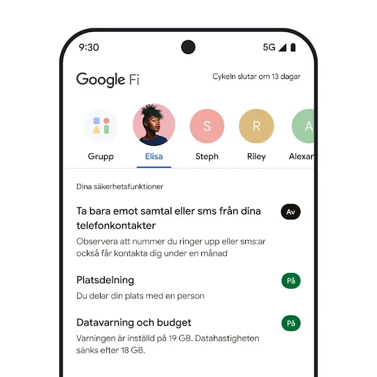 En bild på en smartphone-skärm med Google Fi Wireless öppet. En rad med kontakter visas högst upp samt en lista med säkerhetsfunktioner nedanför, bland annat platsdelning och datavarningar.