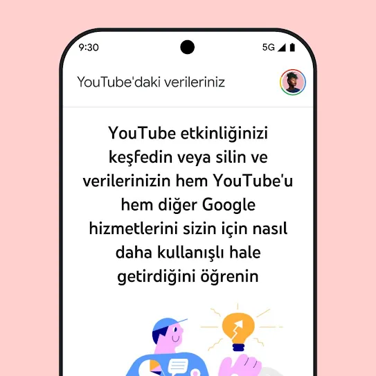 YouTube'un açık olduğu akıllı telefon ekranı görseli. Ekranda, "YouTube'daki verileriniz" hakkında bilgilendirici bir mesaj gösteriliyor. Mesajda, etkinlik geçmişine göz atma ve bunu silme ile ilgili ayrıntılar yer alıyor.