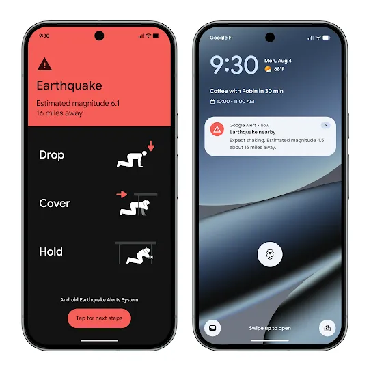 A side-by-side comparison of two smartphone screens demonstrating the Android Earthquake Alerts System. The left screen shows a full-screen emergency alert with a red header reading "Earthquake: Estimated magnitude 6.1, 16 miles away" alongside instructional icons for Drop, Cover, and Hold. The right screen shows a standard lock screen with a compact Google Alert notification that reads "Earthquake nearby: Expect shaking."