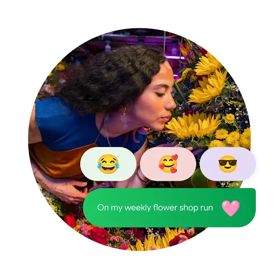 A picture of a person smelling sunflowers in a flower shop is overlayed by a green text bubble that reads &quot;on my weekly flower shop run&quot; next to a pink heart emoji. Above it are three reaction emojis: a crying, laughing emoji, a smiling emoji with hearts around it, and an emoji with sunglasses.
