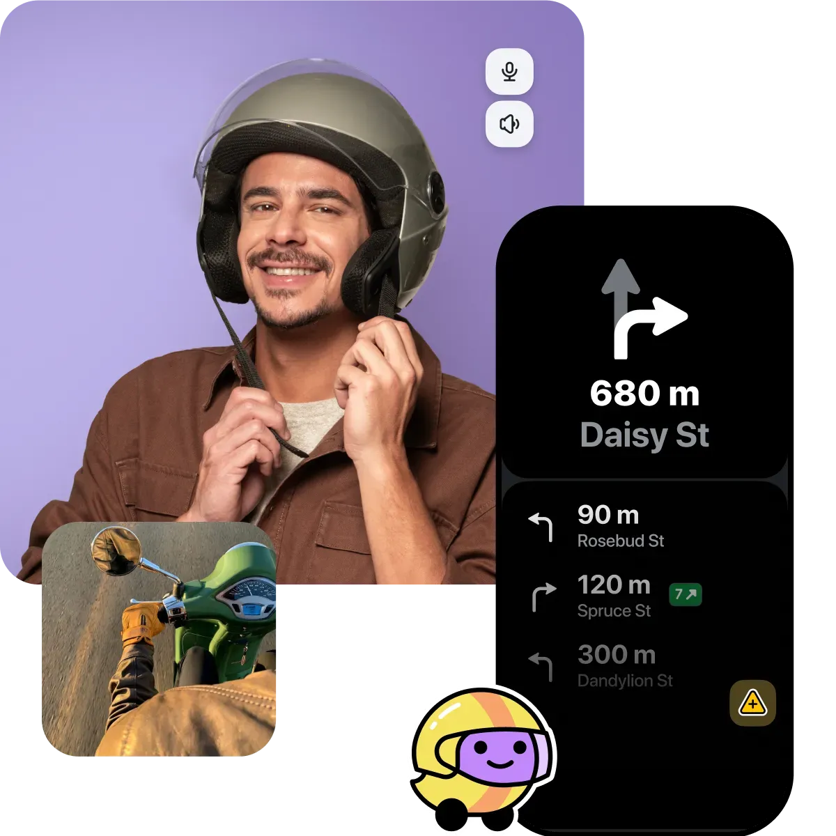 Male motorcyclist putting on a helmet next to Waze turn-by-turn motorcycle navigation UI