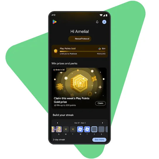 A phone screen displays the "You" tab of the Play Store. Play Points status and achievements are displayed as well as recently played games and relevant offers.