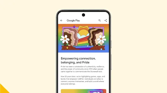 A Pixel phone displays Google Play's Pride Month collection featuring apps, games, and books