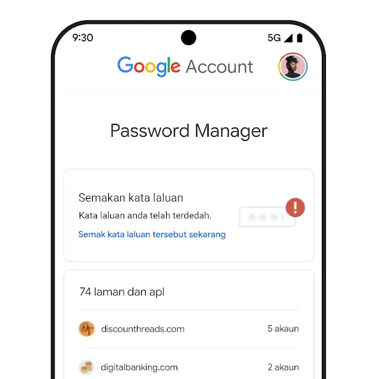 Imej skrin telefon pintar yang memaparkan Semakan kata laluan di bawah pengepala Password Manager.