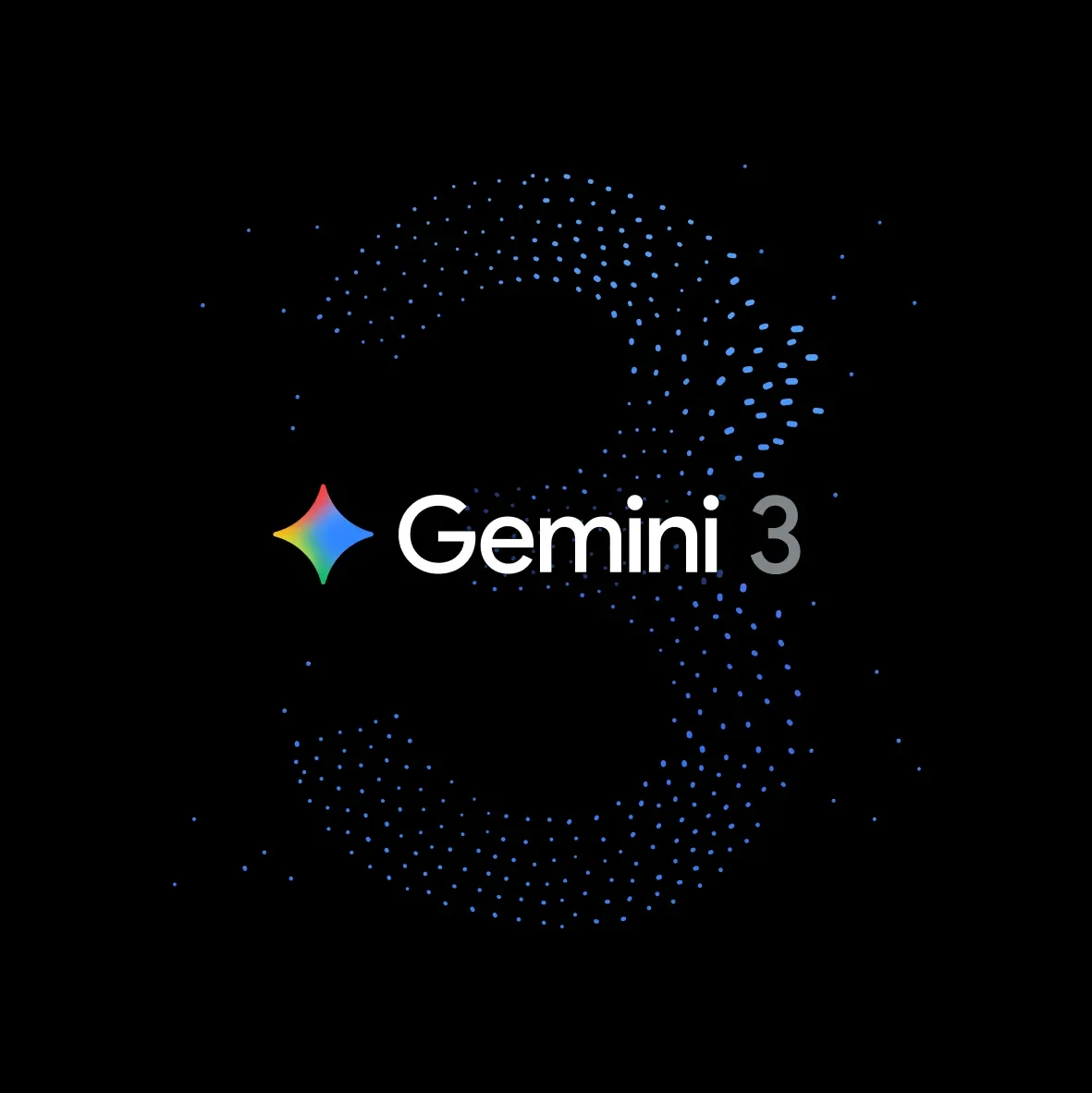 Gemini 3 logo in front of a black background with the number 3 in blue dots