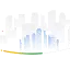 A minimalist, high-key digital illustration of a city skyline in shades of light grey and blue, with a curved yellow-to-green gradient line and small dots in the foreground.