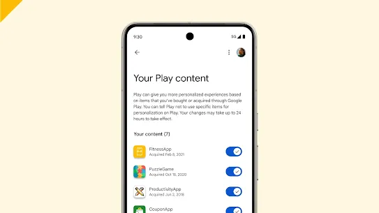 A Pixel device shows the app-level personalization controls accessible from the “Personalization in Play” menu