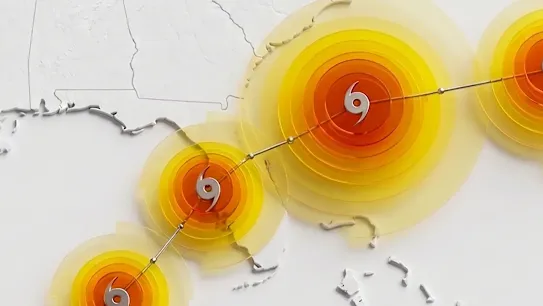 Stylized map showing a forecasted cyclone track over the southeastern United States, with concentric yellow and orange circles indicating storm path and intensity.