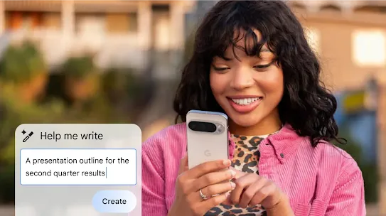 A smiling woman using a smartphone, featuring an overlaid "Help me write" AI prompt that reads, "A presentation outline for the second quarter results."