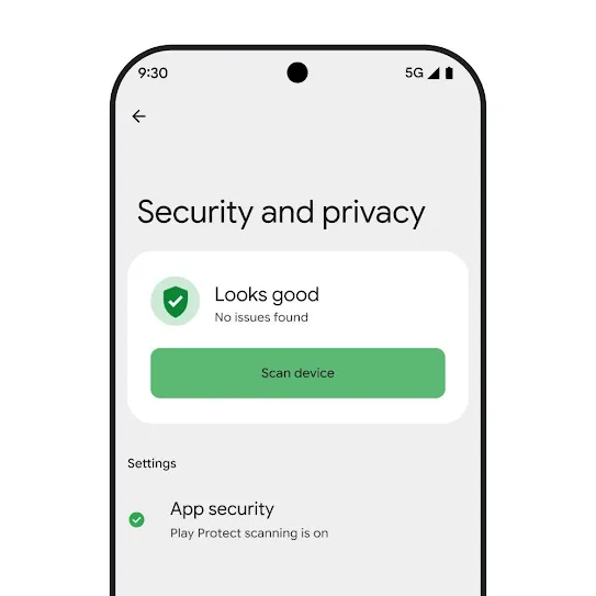 Visual of a smartphone screen running Android OS with the security and privacy settings open, displaying the results of a device scan and app security settings.