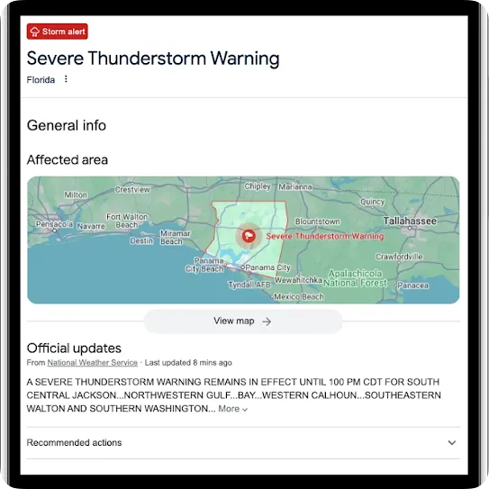 A smartphone screen displaying a Google public alert for a Severe Thunderstorm Warning in Florida. The interface includes a map highlighting the affected area around Panama City, a "View map" button, and an official text update from the National Weather Service stating that the warning remains in effect until 1:00 PM CDT.