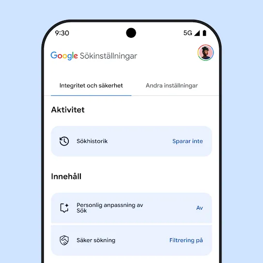 Bild som visar inställningar för Google Sök på en smartphone-skärm, inbegripet inställningar för sökhistorik, personlig anpassning av Sök och SafeSearch.