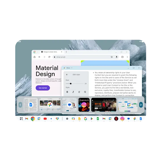 An expanded taskbar window appears above a full taskbar at the bottom of a tablet screen. This expanded taskbar is showing images and icons of additional open apps.