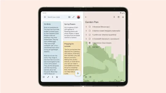 A tablet screen displaying Google Keep notes and to-do lists.