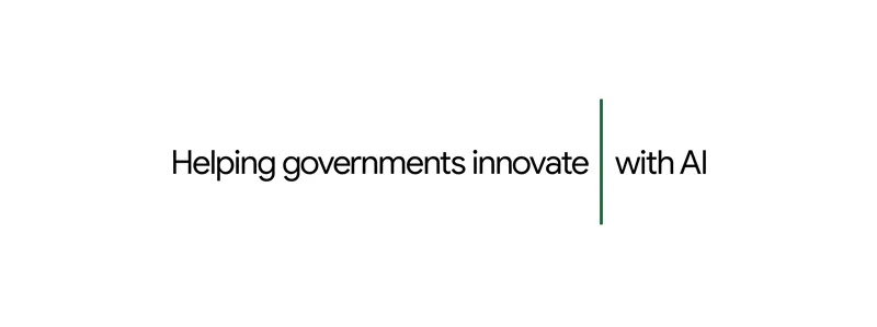 Animated banner featuring the text "Helping governments innovate with AI." A small vertical video window between the words shows a diverse team collaborating and gesturing toward a whiteboard in a bright office.