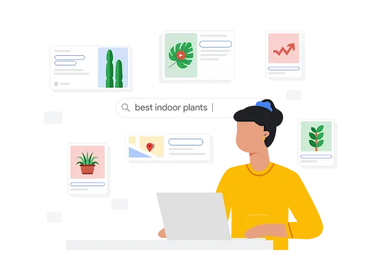Ilustrasi seseorang yang sedang menelusuri info tentang tanaman dalam ruangan terbaik di Google