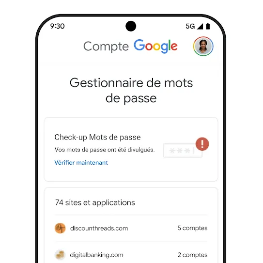 Image d'un téléphone qui affiche l'interface utilisateur du Check-up Mots de passe