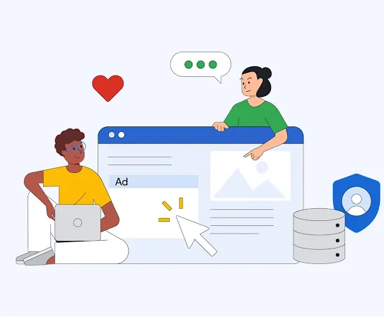 Hình minh hoạ hai người tự tin chia sẻ thông tin trên mạng khi được công nghệ tiên tiến bảo vệ
