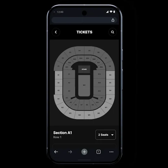 A phone screen shows browsing of concert tickets on a seating chart. Then Chromebook opens, where the same ticketing page appears. On the Chromebook, seats in Section A1 are selected, and a preview of the stage view is shown. The selection is automatically updated on the smartphone.