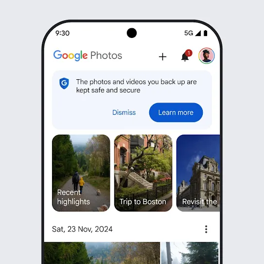 Visual of a smartphone screen with Google Photos open, displaying a security message that says, “The photos and videos you back up are kept safe and secure” with a link to learn more.