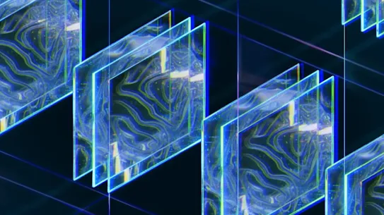 An abstract 3D digital illustration representing AGI (Artificial General Intelligence) development. Multiple translucent, glowing blue and green glass panes are arranged in a grid, each containing swirling, topographical data patterns that suggest deep learning layers or complex neural network processing.