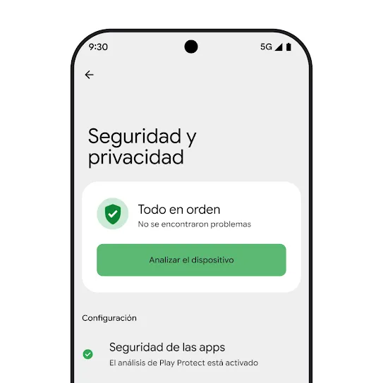 Imagen de la pantalla de un smartphone con el SO Android y la Configuración de seguridad y privacidad abierta. En ella, se muestran los resultados de un análisis del dispositivo y la configuración de seguridad de las apps.