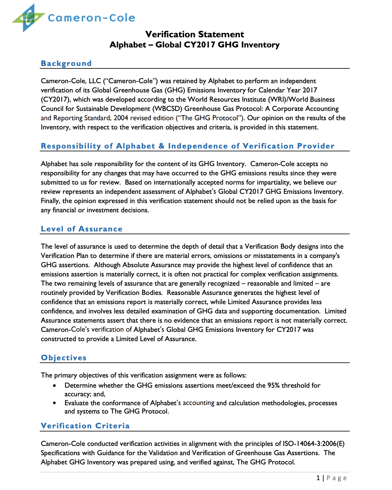 Cover image of Alphabet’s 2018 (FY2017) Greenhouse Gas Inventory Verification Statement