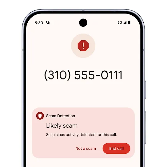 An Android phone screen displays an incoming call from (310) 555-0111. A "Scam Detection" warning is shown, that reads "Likely scam" and "Suspicious activity detected for this call." There is an option to tap "Not a scam" or "End call."