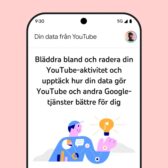 Bild som visar en smartphone-skärm med YouTube öppet och ett informationsmeddelande om Din data från YouTube, inklusive information om att bläddra i och radera aktivitetshistorik.