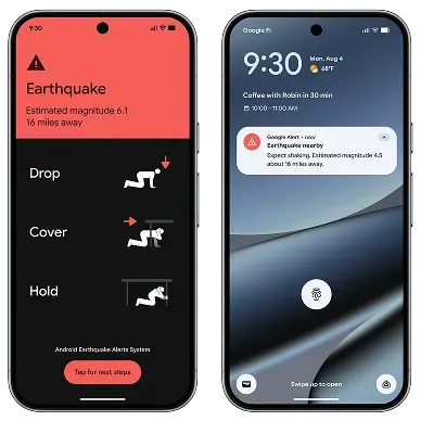 A side-by-side comparison of two smartphone screens demonstrating the Android Earthquake Alerts System. The left screen shows a full-screen emergency alert with a red header reading "Earthquake: Estimated magnitude 6.1, 16 miles away" alongside instructional icons for Drop, Cover, and Hold. The right screen shows a standard lock screen with a compact Google Alert notification that reads "Earthquake nearby: Expect shaking."