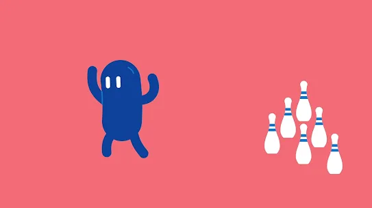 A blue, bean-shaped cartoon character jumping excitedly next to a set of white bowling pins against a solid pink background.