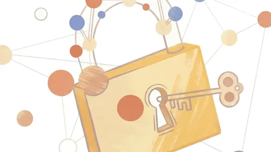 A stylized, hand-drawn illustration of a golden padlock with an antique key inserted into the keyhole. The padlock is overlaid and surrounded by a network of interconnected colorful nodes and lines, symbolizing quantum networking and digital security frontiers.